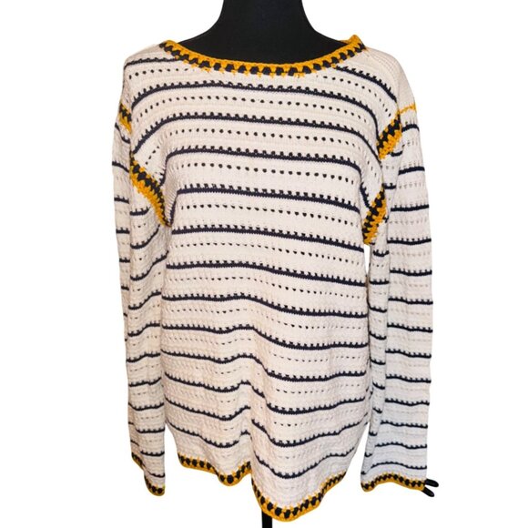 Francesca's Alya Bethenney Crochet Stitch Cream, Navy Yellow Sweater L Open Knit - Picture 1 of 9